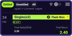 A picture shows that you can find your 2UP bet slip in the history records after winning a bet